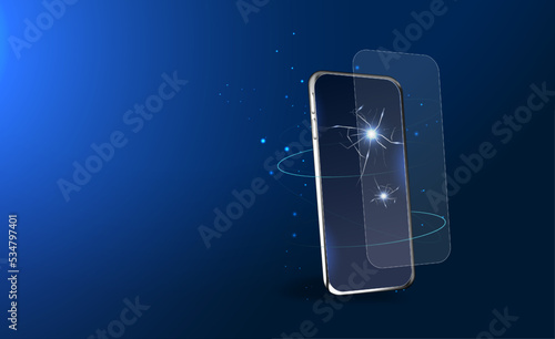 Phone repair service banner template. A smartphone with a broken screen on a blue background. The repair of electronics. Maintenance center application, fixing app. Vector illustration.