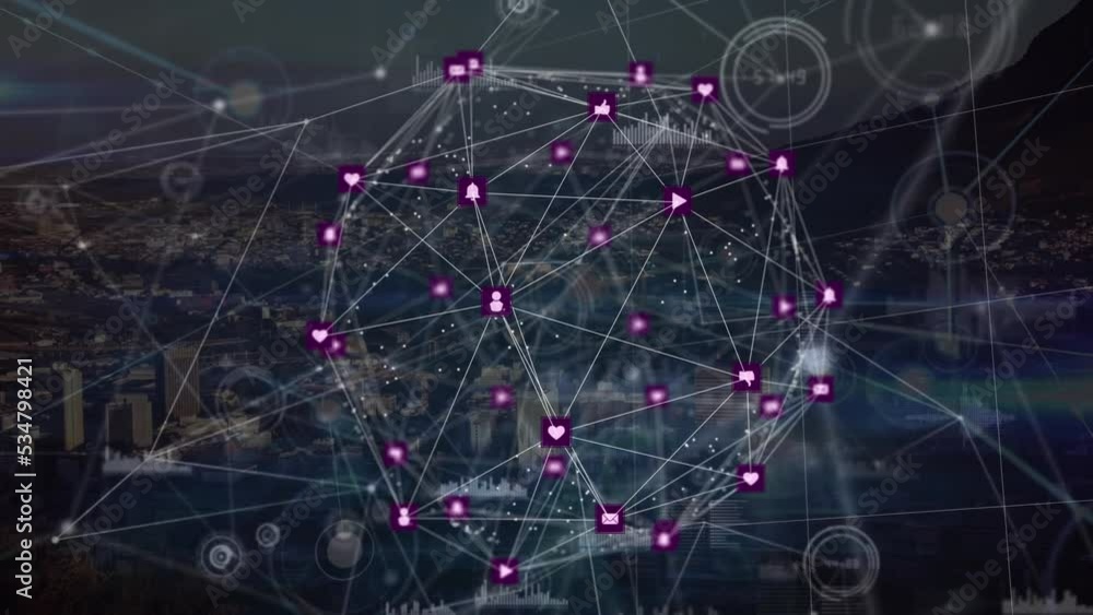 Animation of globe made of connections and network of connections over cityscape Animation of globe made of connections and network of connections over cityscape