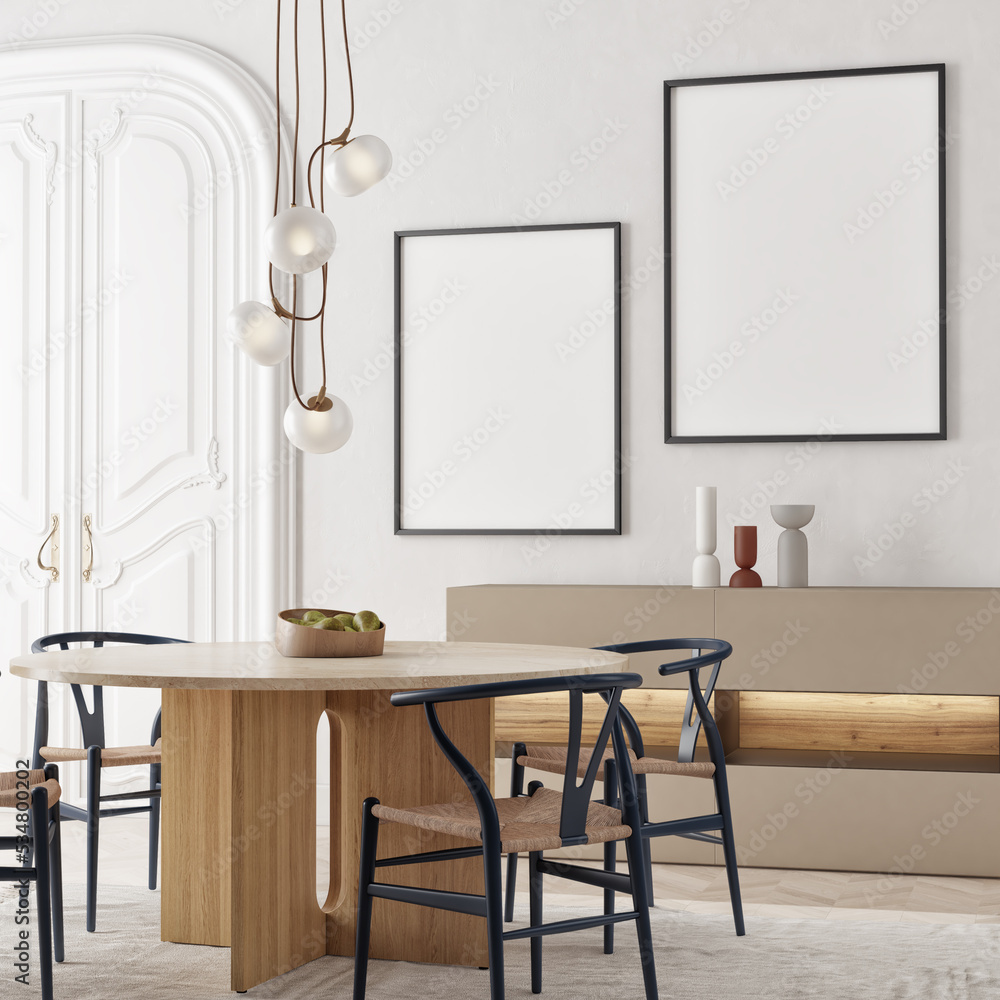 Elegant composition of stylish dining room interior with mock up poster ...