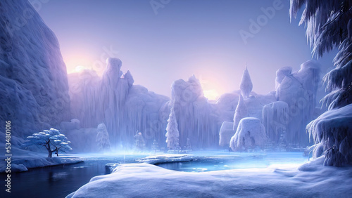 Winter snowy park. Trees in the snow, a frozen river, snowdrifts and ice. Fantasy winter landscape. Frosty sunset. 3D illustration. © MiaStendal