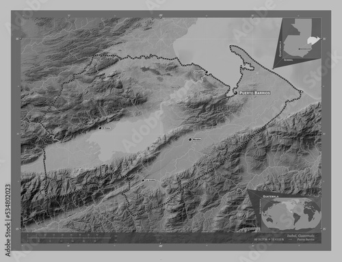 Izabal, Guatemala. Grayscale. Labelled points of cities photo