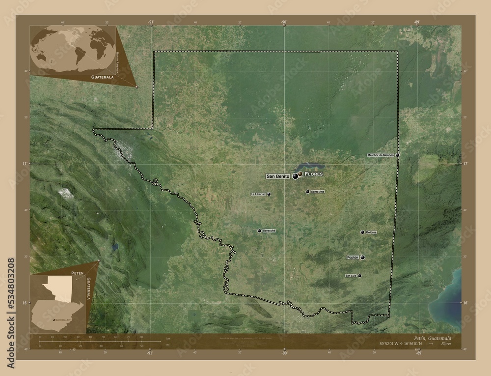 Peten, Guatemala. Lowres satellite. Labelled points of cities Stock