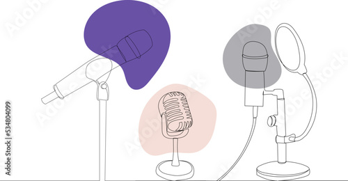 microphones drawing in one continuous line, isolated vector