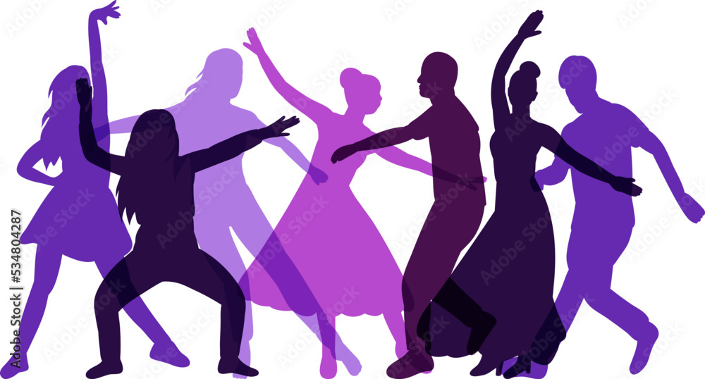 people dancing, crowd silhouette on white background isolated vector