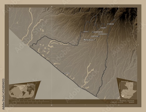 Retalhuleu, Guatemala. Sepia. Labelled points of cities