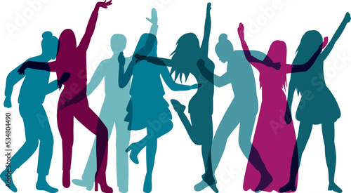 people dancing, crowd silhouette on white background