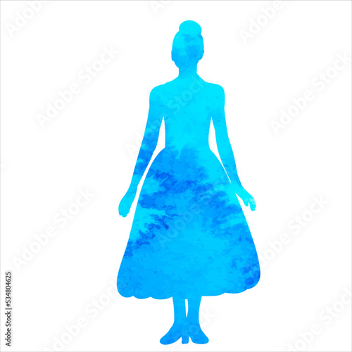 woman dancing watercolor blue silhouette on white background isolated