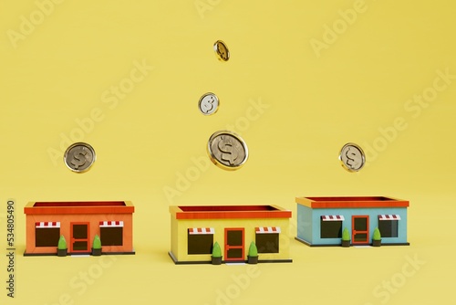 investments in small businesses. small shops and dollar coins on a yellow background. 3D render photo