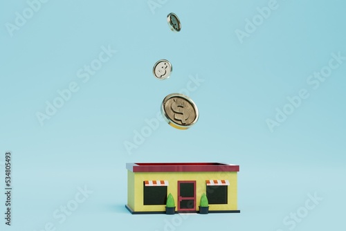 investments in small businesses. shop and dollar coins on a blue background. 3D render photo