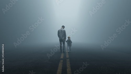 A man and little girl holding hands while walking down a foggy road