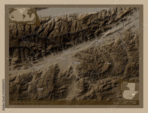 Zacapa, Guatemala. Sepia. Labelled points of cities photo