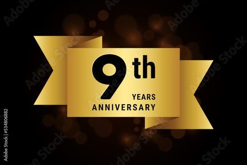 9 Years anniversary, anniversary celebration template design with gold ribbon. Logo vector illustration