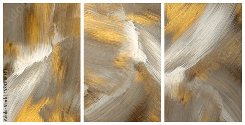Art acrylic and oil smear blot painting. Interior abstract triptych wall. Beige, brown and gold color canvas texture stain brushstroke background.