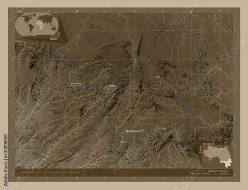 Nzerekore, Guinea. Sepia. Labelled points of cities photo