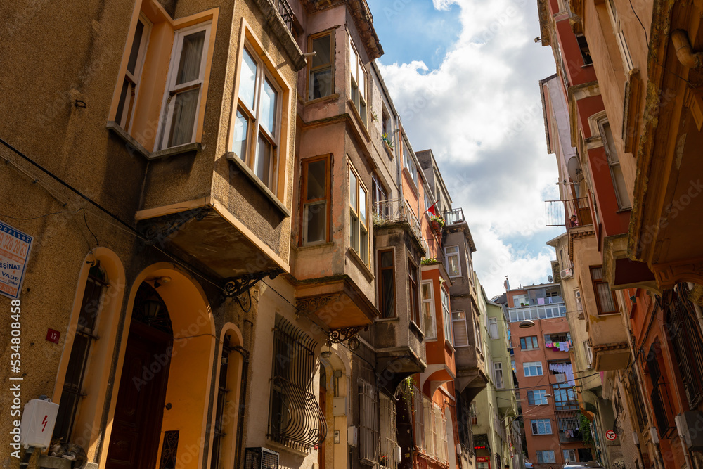 Traditional Turkish houses in Fener district. Travel to Istanbul background