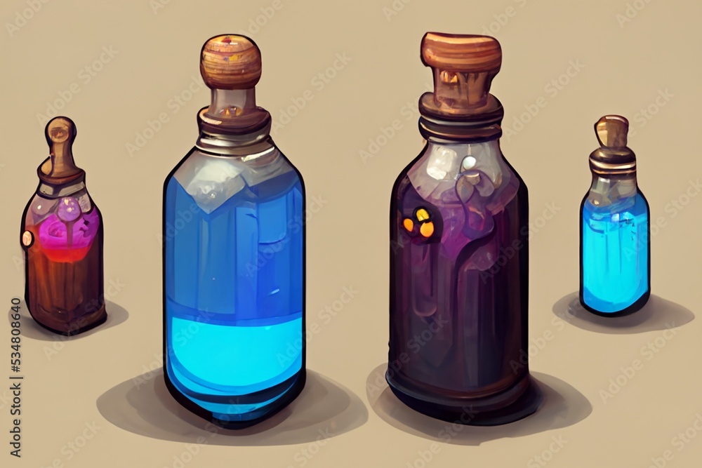 Several potions, bottles, vials and flasks. Hand drawing, concept art, vector, video games