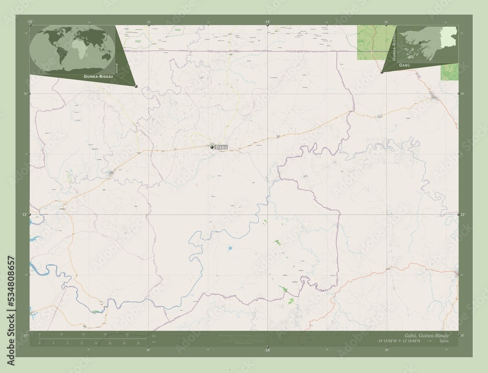 Fototapeta premium Gabu, Guinea-Bissau. OSM. Labelled points of cities