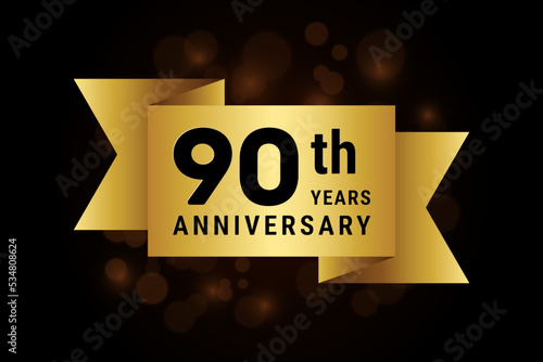 90 Years anniversary, anniversary celebration template design with gold ribbon. Logo vector illustration