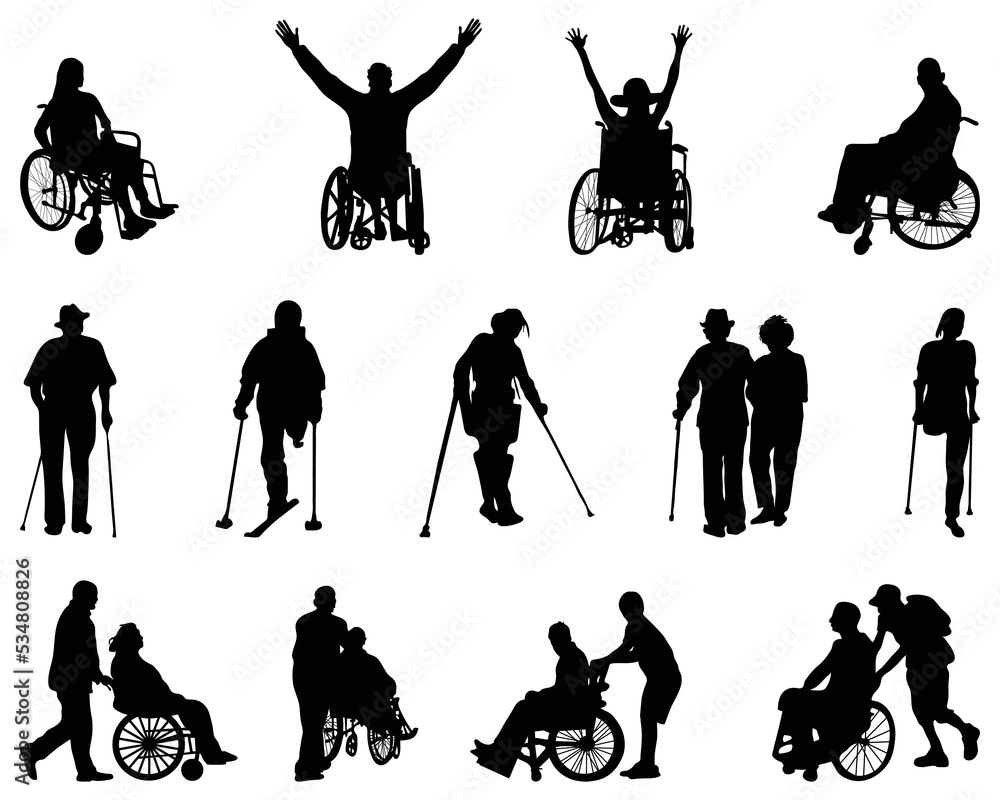 Silhouettes of old and disabled people on a white background Stock ...