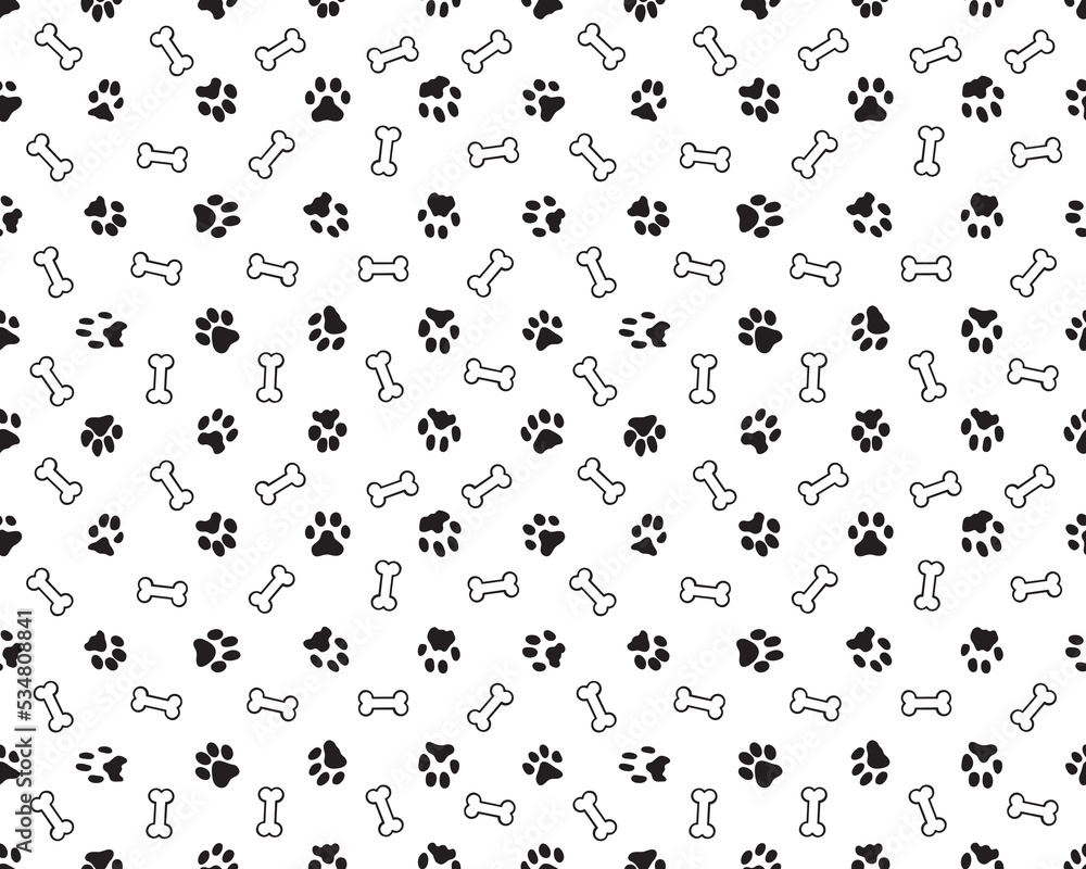Seamless pattern with black silhouettes of bone and dogs trace 