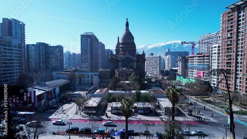 Cathedral Church At Santiago Metropolitan Region Chile. Outdoors South America Shantytown. Square Of Outdoors Panning Wide. Skyscrapers Square Top View.