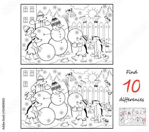 Find 10 differences. Illustration of cute badgers playing in winter with snowman. Logic puzzle game for children and adults. Page for kids brain teaser book. Developing counting skills. Vector drawing