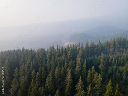 Drone View of Pine Forest in Central Oregon with Wildfire Smoke