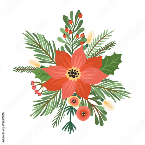 Christmas and Happy New Year flower arrangement. Christmas tree, flowers, berries. Isolated illustration. © Nadia Grapes