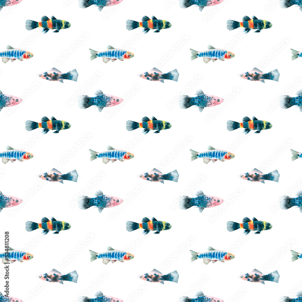 Fototapeta premium Watercolor white aquarium fishes seamless pattern illustration, colorful animal, sea, lake clipart, Nautical, ocean drawing, nursery hand-painted fish design, fabric,gift wrap,scrapbooking,wallpaper