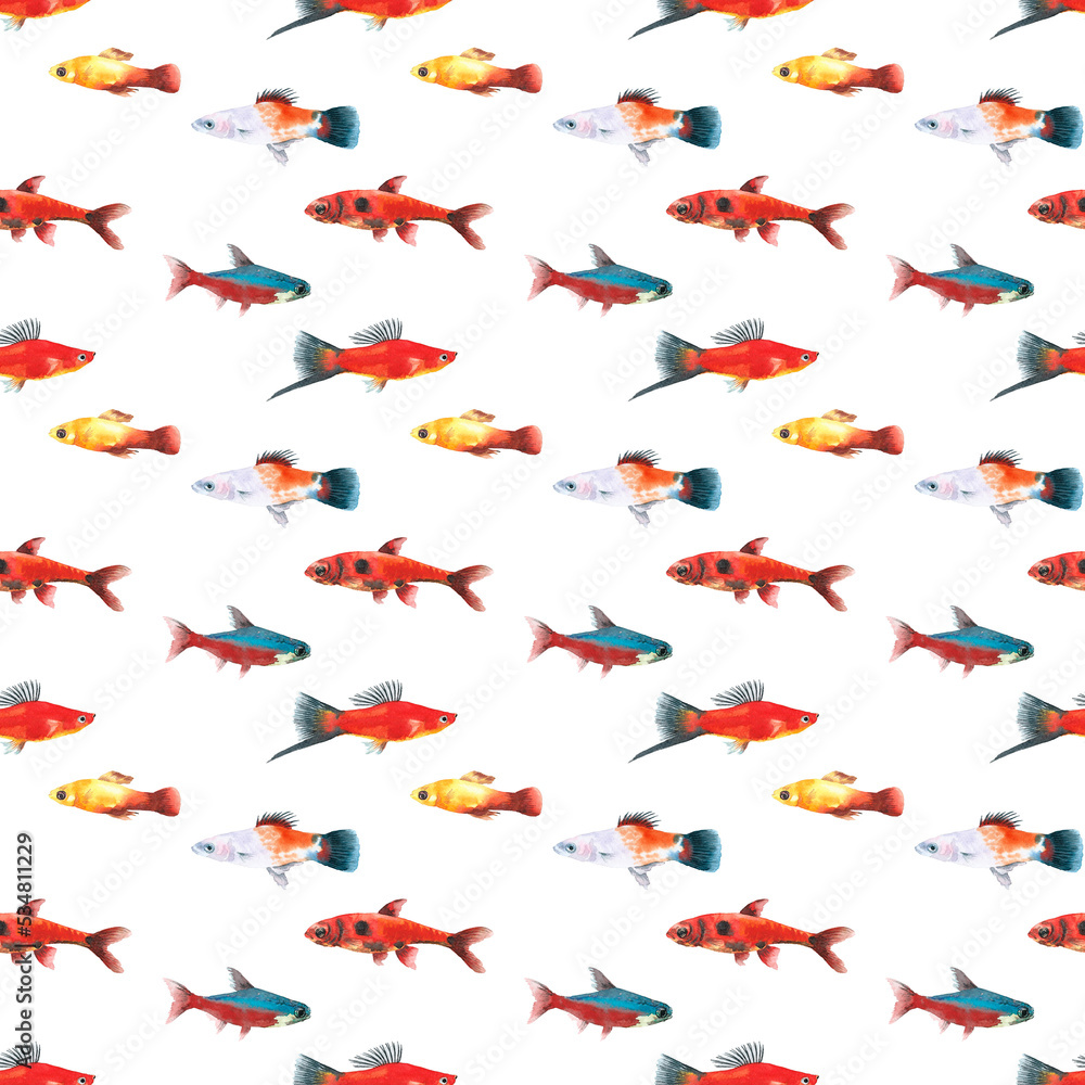 Fototapeta premium Watercolor white aquarium fishes seamless pattern illustration, colorful animal, sea, lake clipart, Nautical, ocean drawing, nursery hand-painted fish design, fabric,gift wrap,scrapbooking,wallpaper