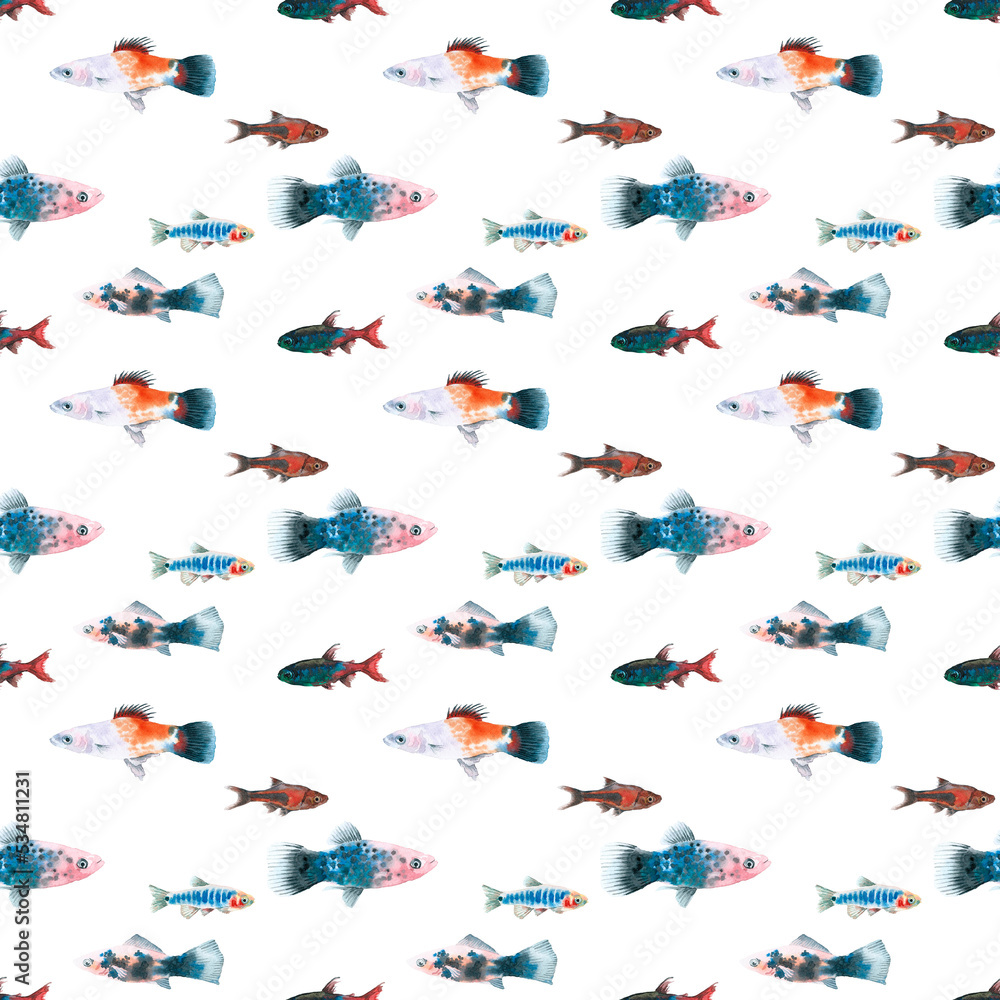 Fototapeta premium Watercolor white aquarium fishes seamless pattern illustration, colorful animal, sea, lake clipart, Nautical, ocean drawing, nursery hand-painted fish design, fabric,gift wrap,scrapbooking,wallpaper