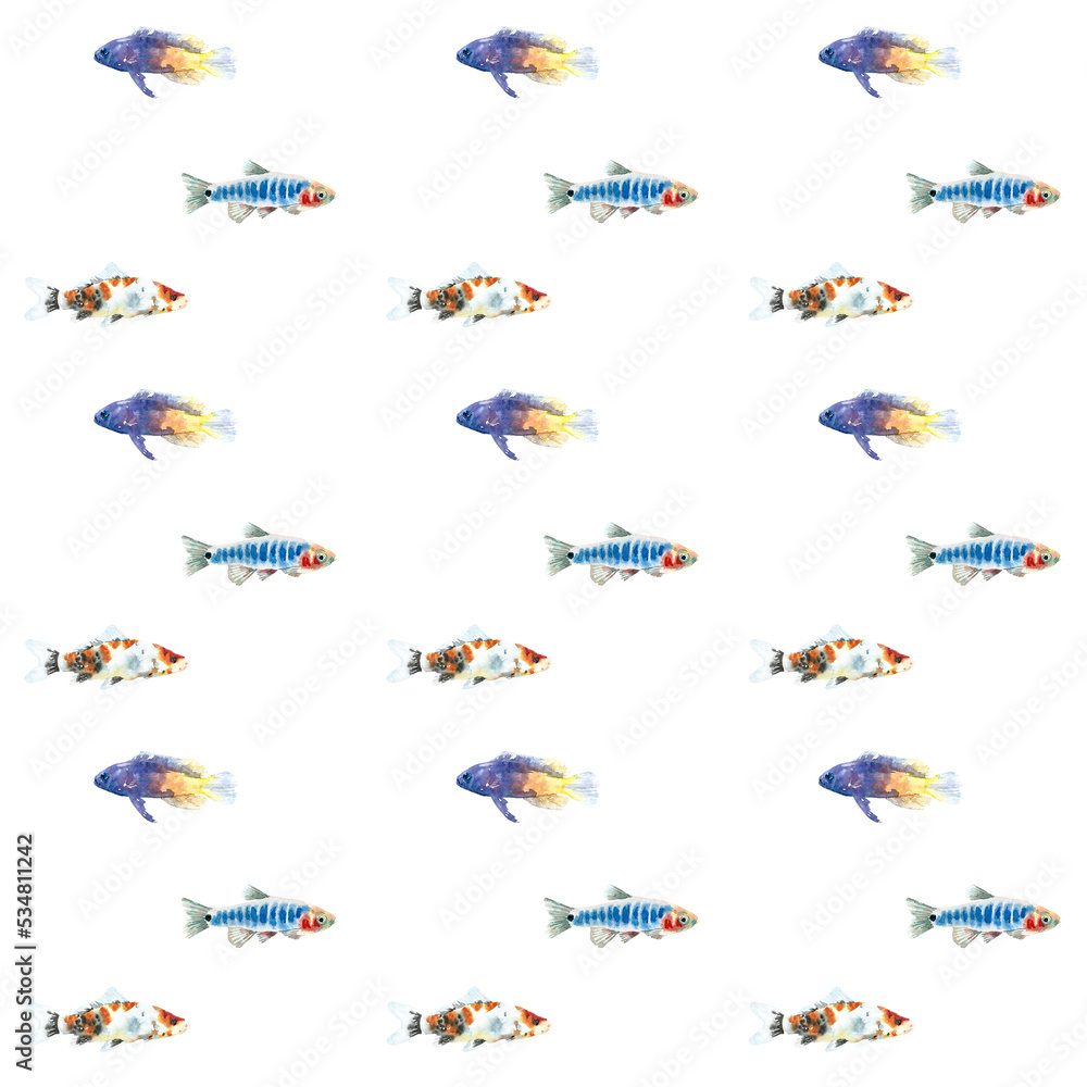 Fototapeta premium Watercolor white aquarium fishes seamless pattern illustration, colorful animal, sea, lake clipart, Nautical, ocean drawing, nursery hand-painted fish design, fabric,gift wrap,scrapbooking,wallpaper
