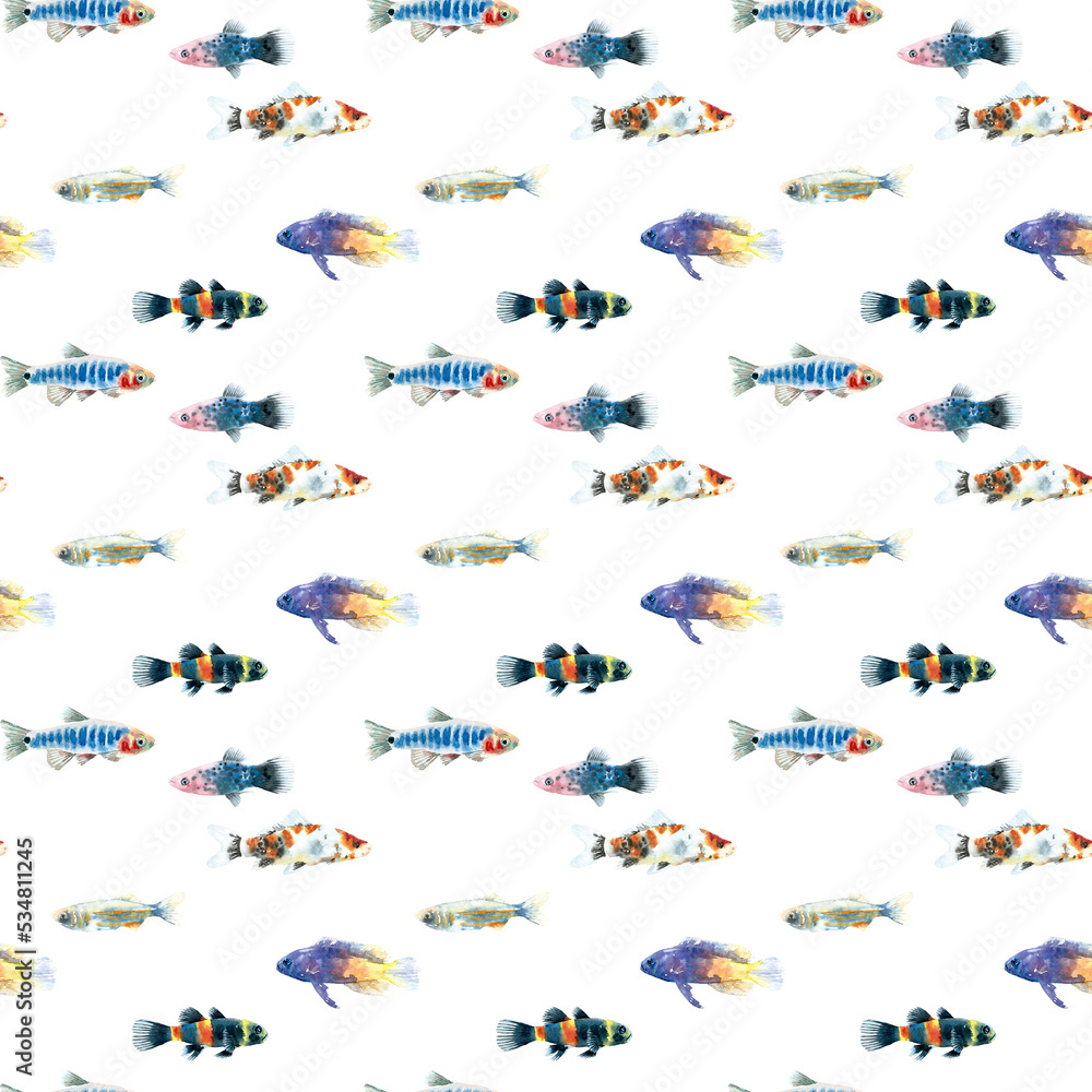Fototapeta premium Watercolor white aquarium fishes seamless pattern illustration, colorful animal, sea, lake clipart, Nautical, ocean drawing, nursery hand-painted fish design, fabric,gift wrap,scrapbooking,wallpaper