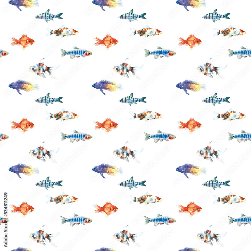 Fototapeta premium Watercolor white aquarium fishes seamless pattern illustration, colorful animal, sea, lake clipart, Nautical, ocean drawing, nursery hand-painted fish design, fabric,gift wrap,scrapbooking,wallpaper