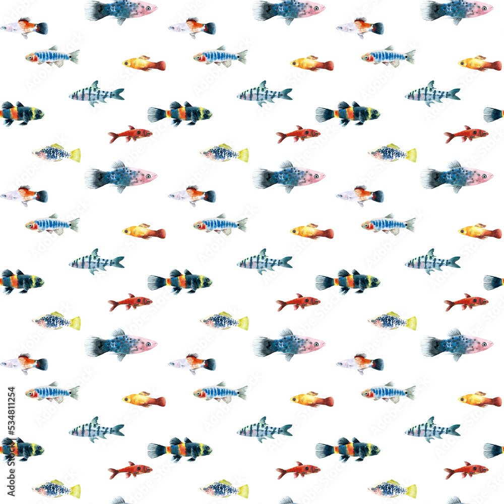 Watercolor white aquarium fishes seamless pattern illustration, colorful animal, sea, lake clipart, Nautical, ocean drawing, nursery hand-painted fish design, fabric,gift wrap,scrapbooking,wallpaper
