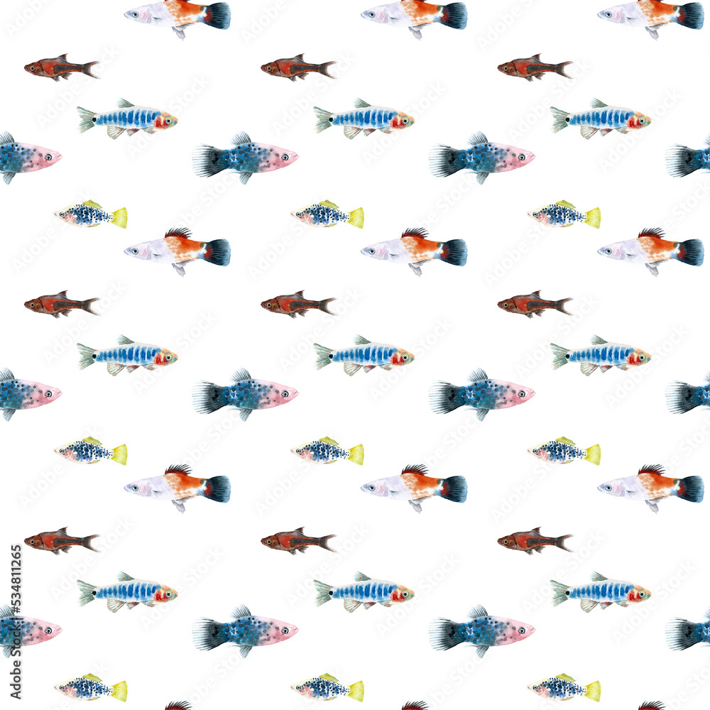 Fototapeta premium Watercolor white aquarium fishes seamless pattern illustration, colorful animal, sea, lake clipart, Nautical, ocean drawing, nursery hand-painted fish design, fabric,gift wrap,scrapbooking,wallpaper