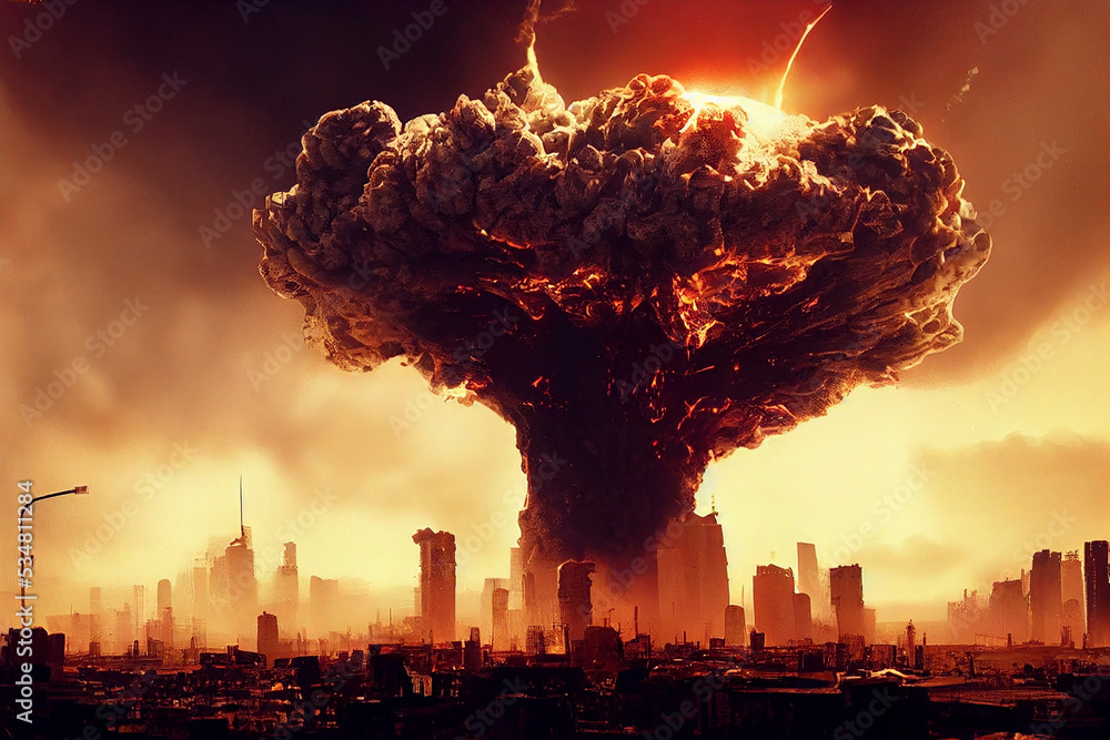 Terrible Huge Nuclear Bomb Explosion in City 3D Artwork Apocalyptic Illustration. Nuclear World War Tragic Fearful Doomsday Scene Dramatic Spectacular Abstract Wallpaper. Atomic Apocalypse Background Stock Illustration | Adobe Stock