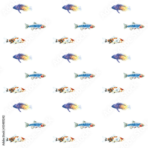Watercolor white aquarium fishes seamless pattern illustration, colorful animal, sea, lake clipart, Nautical, ocean drawing, nursery hand-painted fish design, fabric,gift wrap,scrapbooking,wallpaper © Catherine