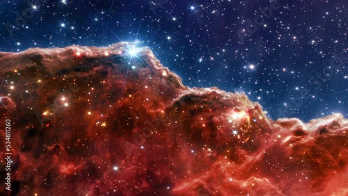 Carina Nebula. Star-forming region in the deep space. Gas accumulations in outer space. James webb telescope research of galaxies. Space landscape. JWST. Elements of this image furnished by NASA photo