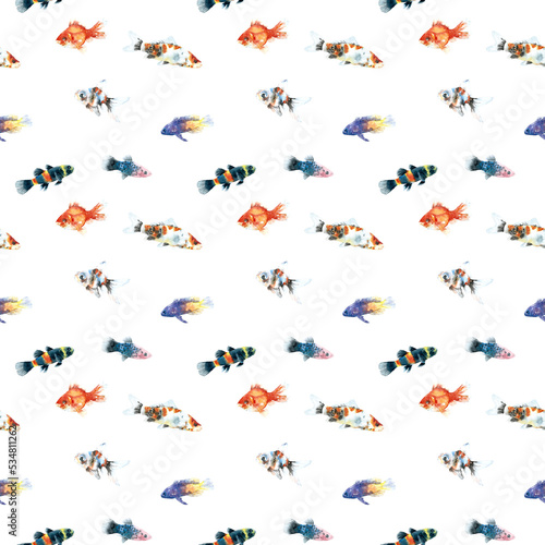 Watercolor white aquarium fishes seamless pattern illustration, colorful animal, sea, lake clipart, Nautical, ocean drawing, nursery hand-painted fish design, fabric,gift wrap,scrapbooking,wallpaper © Catherine