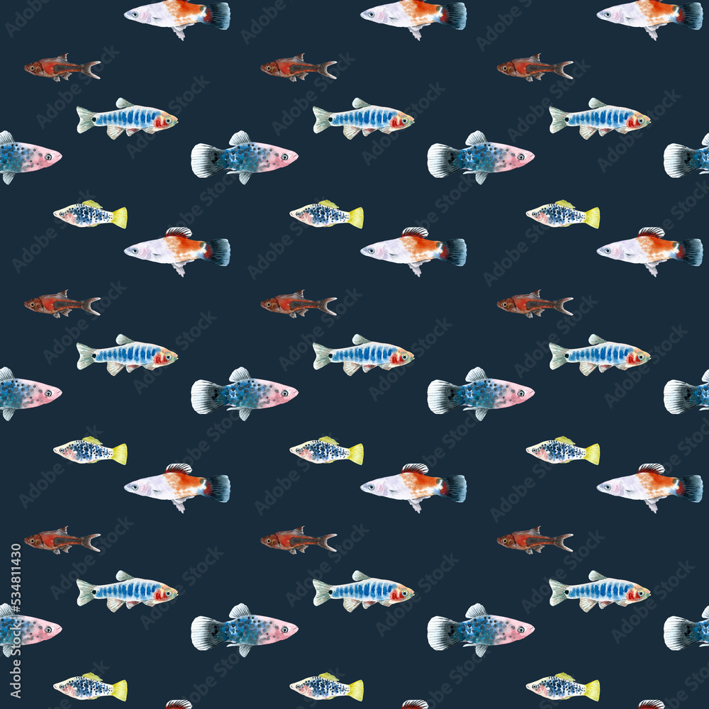 Watercolor blue aquarium fishes seamless pattern illustration, colorful ...