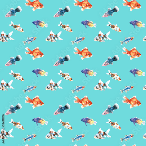 Watercolor blue turquoise aquarium fishes seamless pattern illustration, colorful animal, sea, lake. Nautical, ocean drawing, nursery hand-painted fish design, fabric,gift wrap,scrapbooking,wallpaper