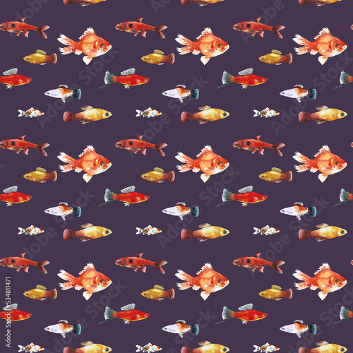 Watercolor marsala aquarium fishes seamless pattern illustration, colorful animal, sea, lake clipart, Nautical, ocean drawing, nursery hand-painted fish design, fabric,gift wrap,scrapbooking,wallpaper © Catherine