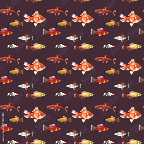 Watercolor brown aquarium fishes seamless pattern illustration  colorful animal  sea  lake clipart  Nautical  ocean drawing  nursery hand-painted fish design  fabric gift wrap scrapbooking wallpaper