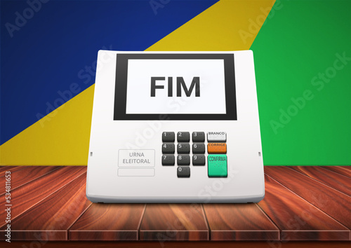 The electronic ballot box with numeric keypad on wooden surface. Buttons with braille font.