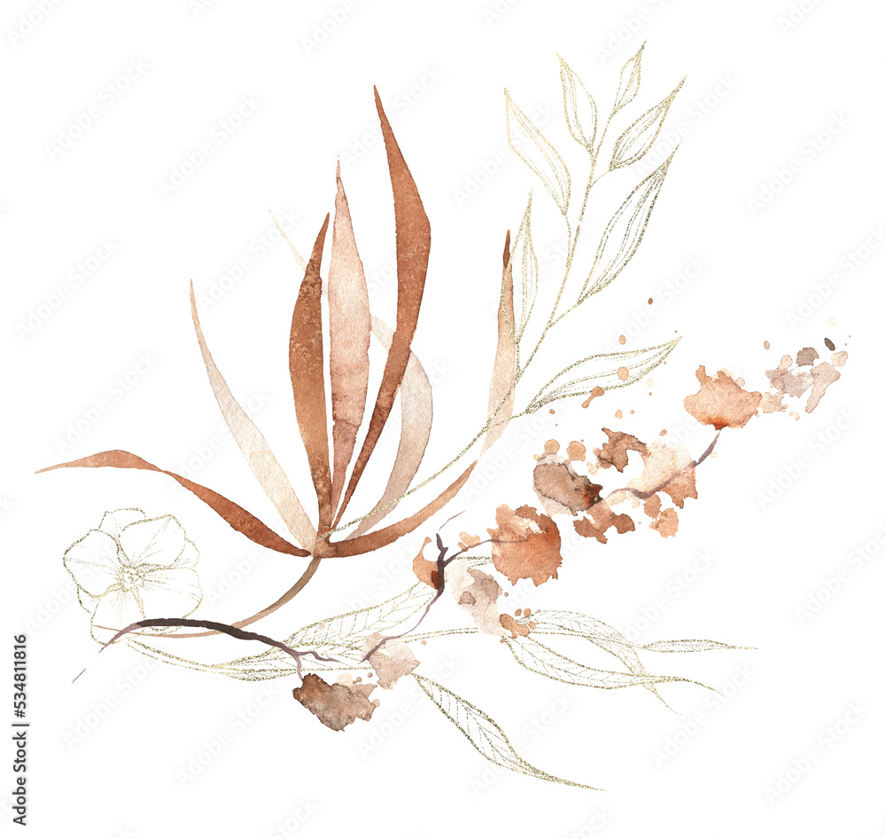 Watercolor exotic greenery bouquet. Orange, beige, golden texture dry palm branches, abstract leaves, twigs, flowers