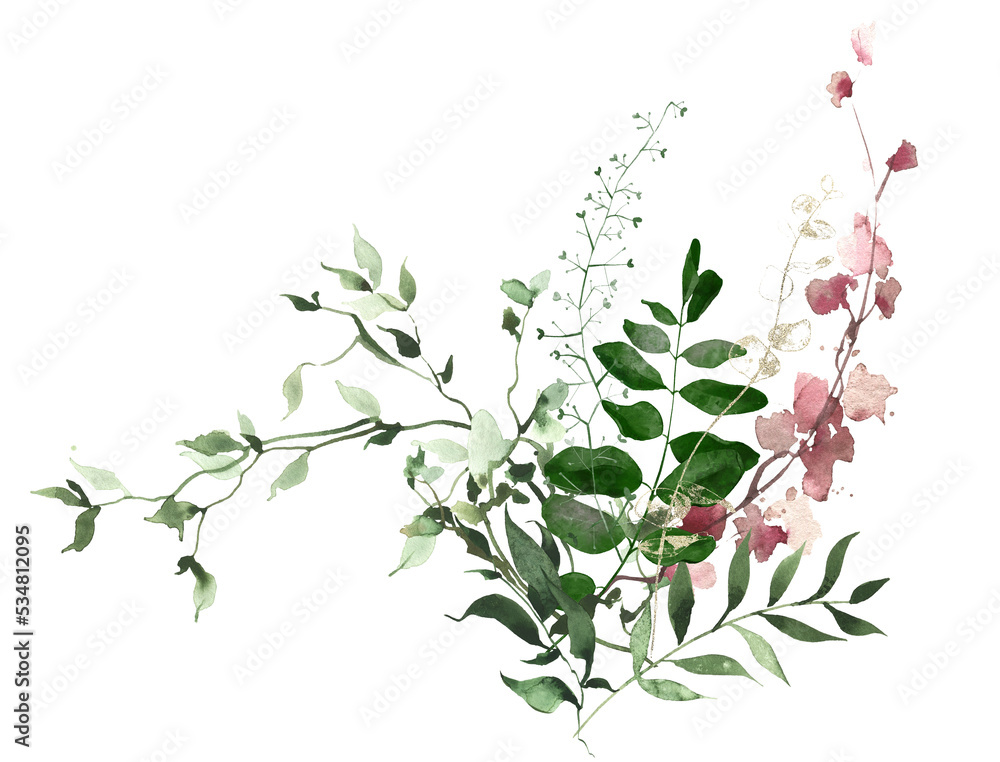 Watercolor painted greenery arrangement on white background. Green, pink wild meadow plants, branches, leaves and twigs. Watercolor painted greenery arrangement on white background. Green, pink wild meadow plants, branches, leaves and twigs.