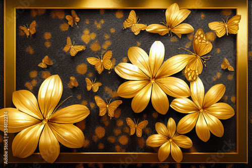 Fototapeta Naklejka Na Ścianę i Meble -  abstract golden wallpaper with flowers and butterflies, digital illustration, generative ai