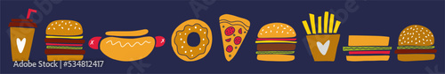 Vector collection of fast food. Hamburger, pizza, coffee and other fast food drawn in a doodle style.