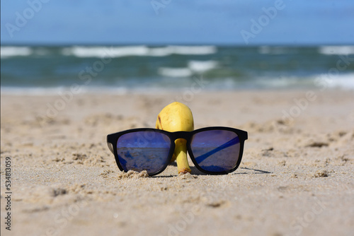 Banana with sunglasses relaxes on a beach